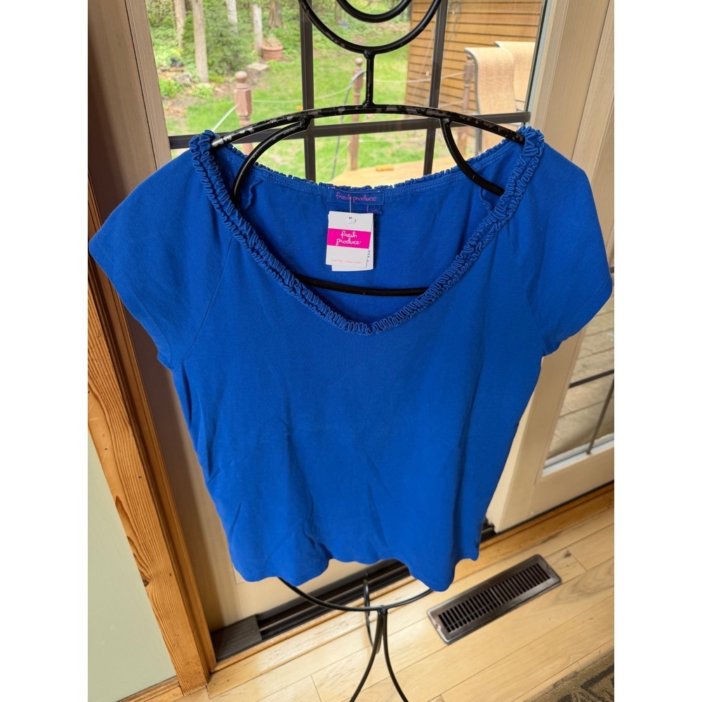 Fresh Produce Womens Ruffle V Neck T Shirt Cobalt Blue Short Sleeve Large 80944